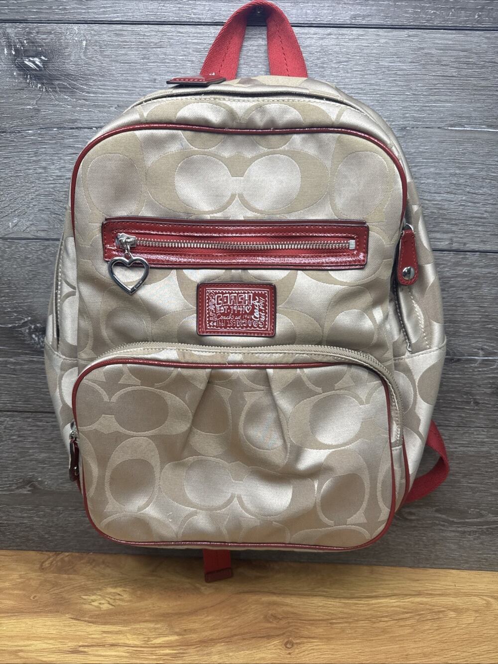 Coach Poppy Daisy Signature Backpack Beige Red Patent Leather Trim F20046 Bag